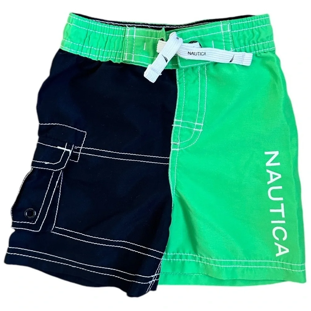 Nautica 12 Month Baby Boy Swim Trunks Shorts Vibrant Green & Navy Blue EUC
